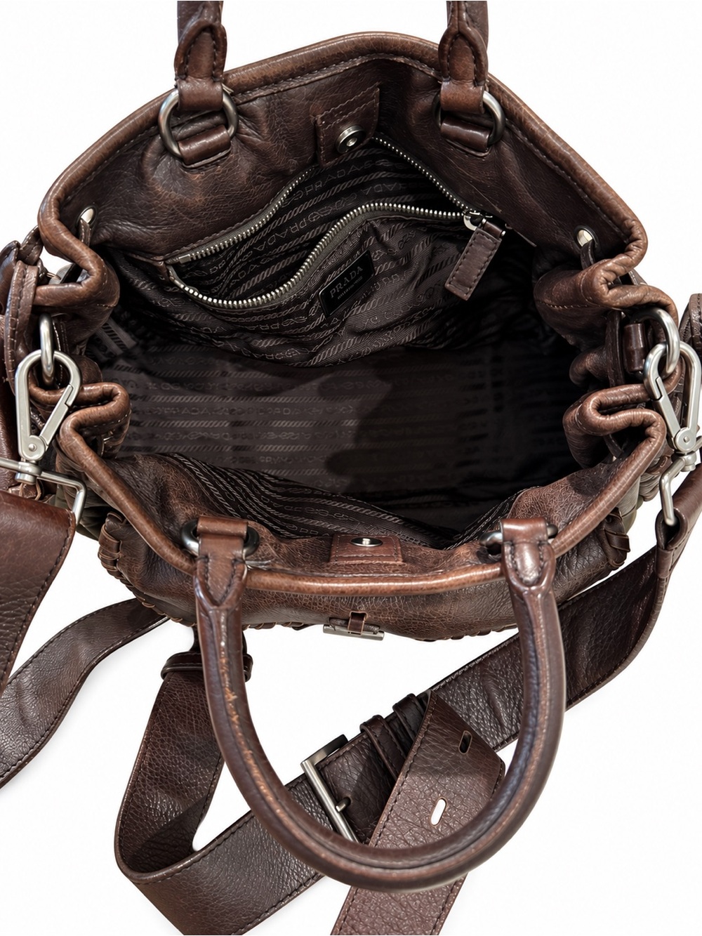 Prada Brown Leather & Olive Nylon Satchel with Shoulder Strap - Picture 4 of 5